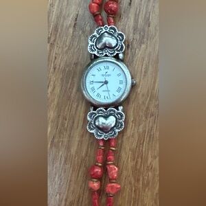 Beautiful coral and sterling Peyote-Bird Designs watch. Adjustable 6-7”
